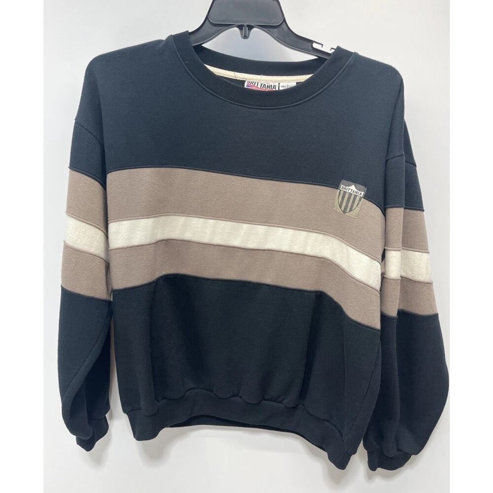 VTG 80s Brittania Stripe Crest Logo Crewneck Fleece Sweatshirt Grey Black L